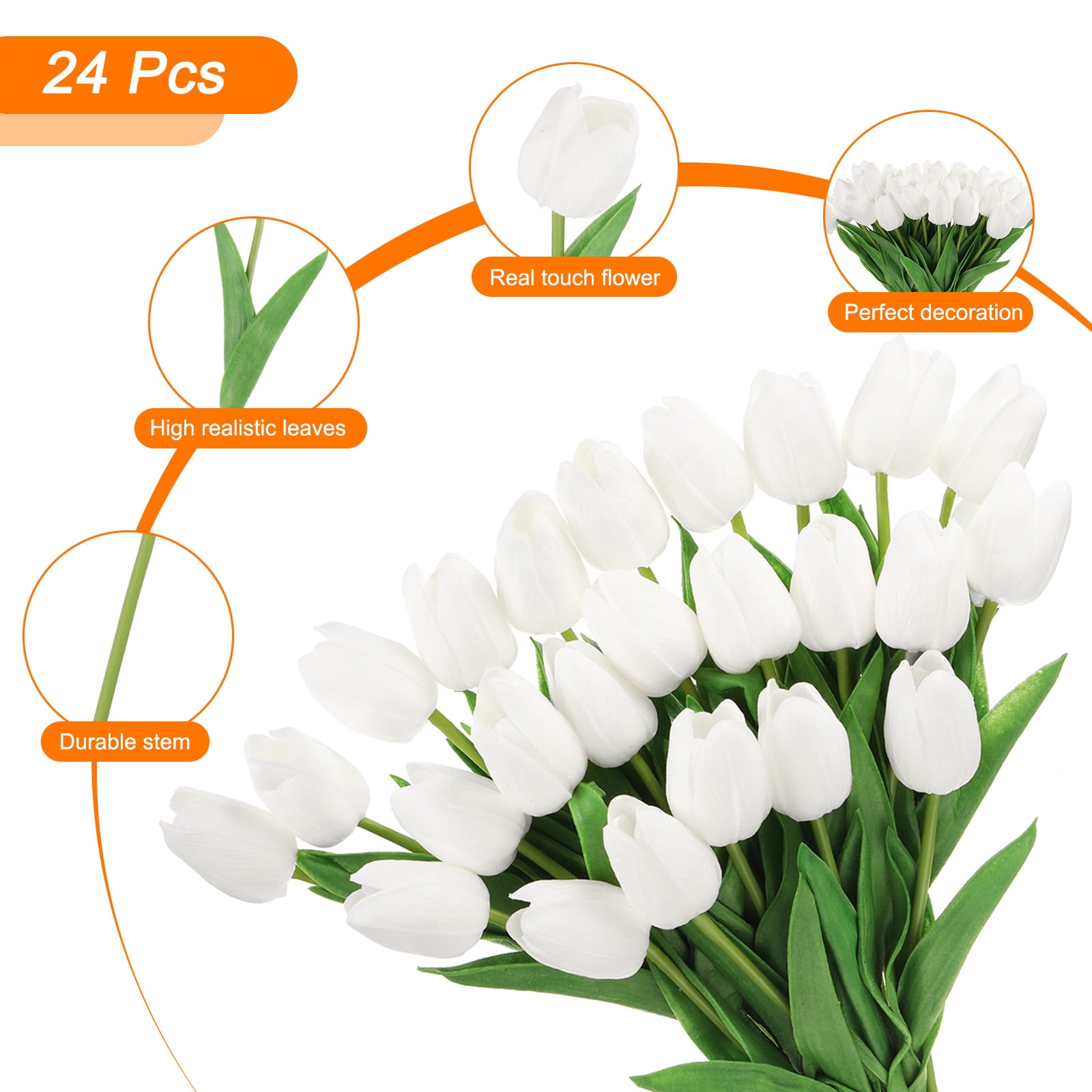 Unique Bargains Fake Tulips Flowers PU Artificial Tulips Real Touch with Stems 24Pcs White
