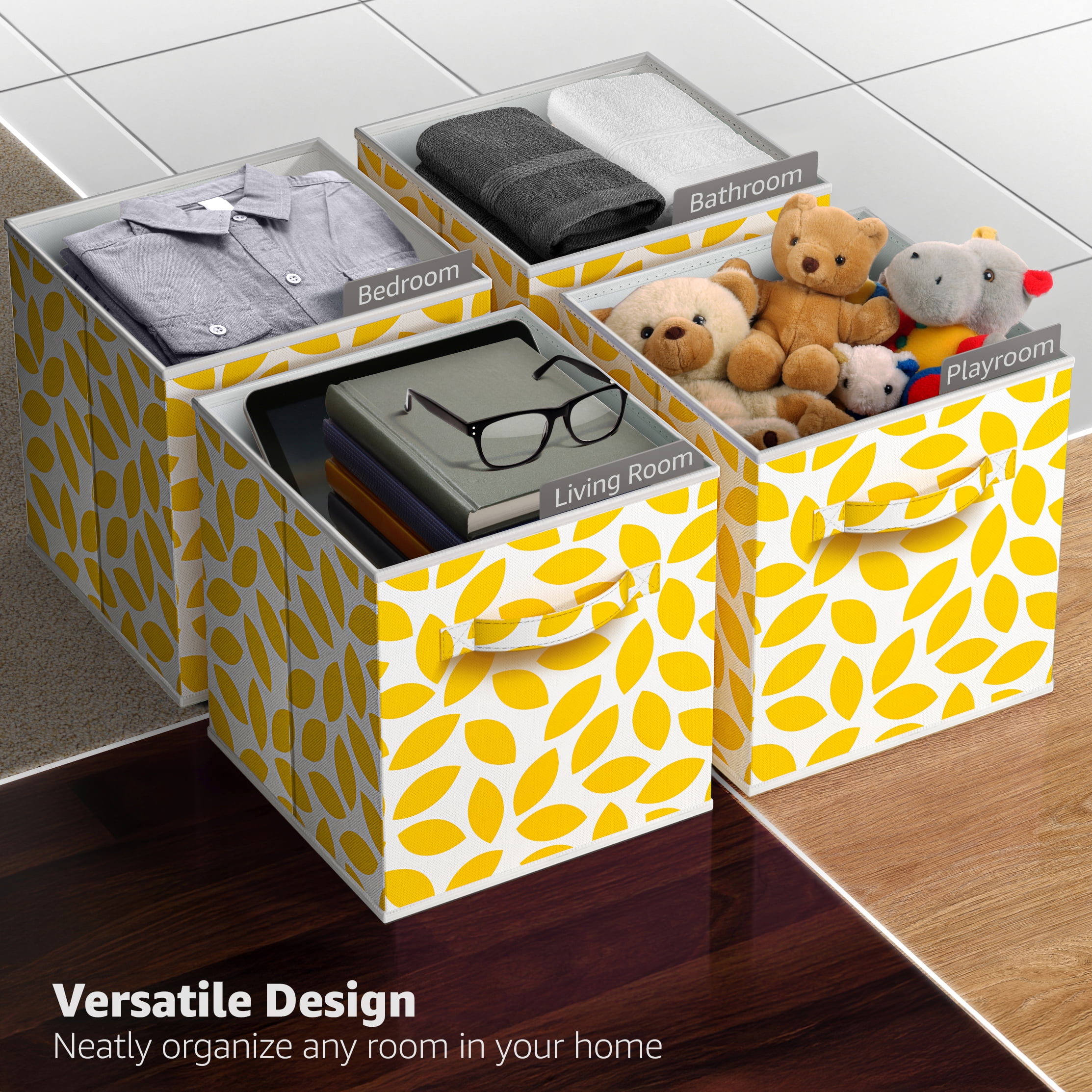 Sorbus 6-Pack 11-Inch Foldable Storage Cubes with Handles, Yellow Floral Petal Print Organizer Bins