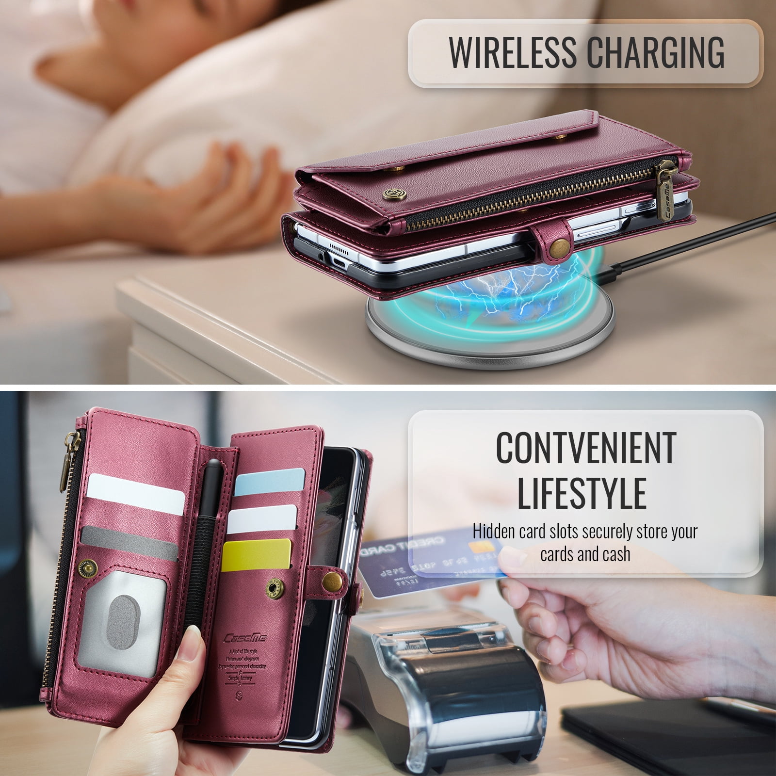 Dteck for Samsung Galaxy Z Fold 4 Case with RFID Blocking Wallet Case for Women Men, Shockproof PU Leather Magnetic Flip Strap Zipper Card Holder Phone Case,Winered