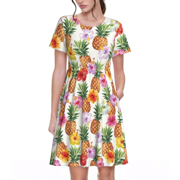Balery Hawaiian Pineapples And Hibiscus Flowers Vestidos sueltos de manga corta para mujer, vestidos de verano 2025, vestidos casuales de corte A con vuelo.
