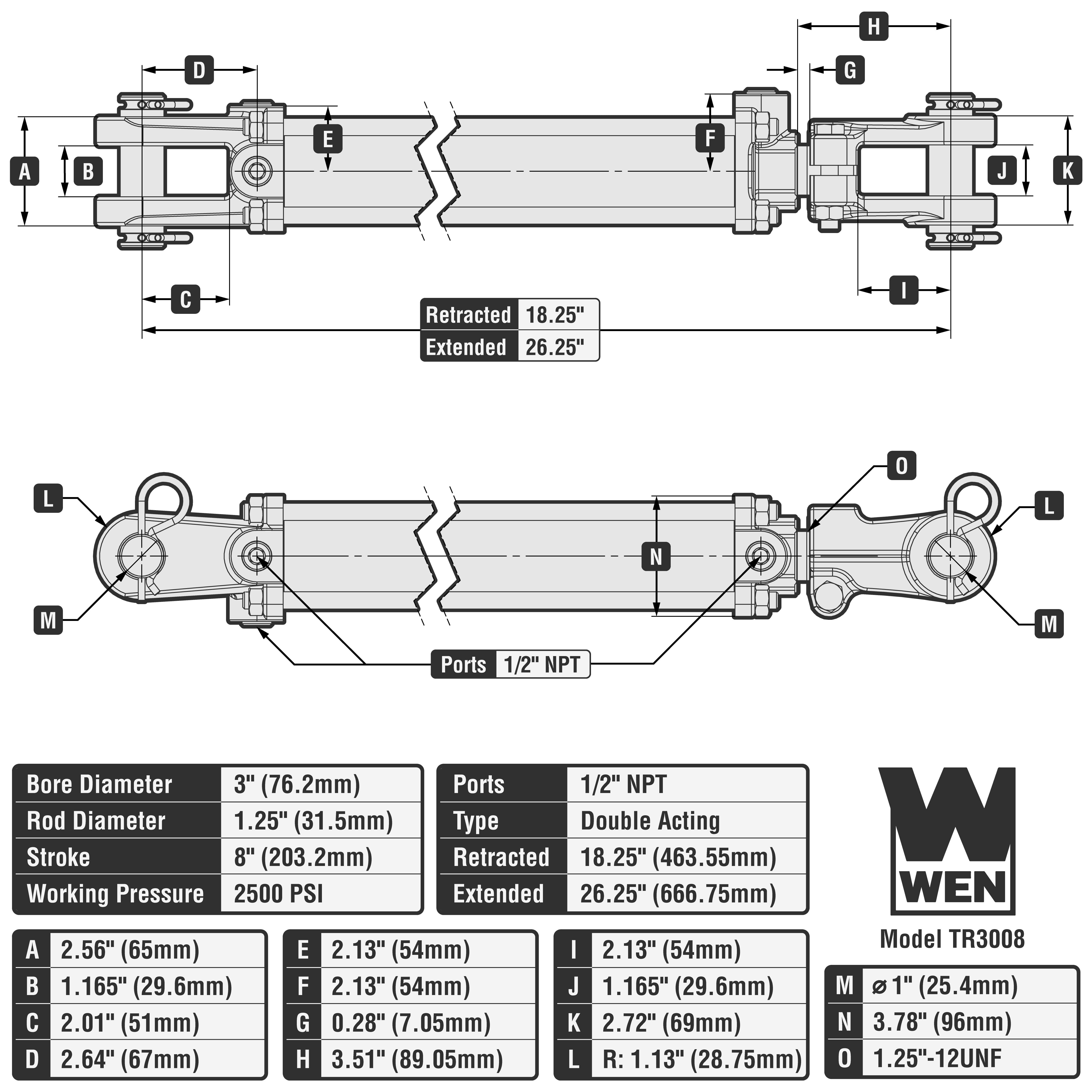 WEN 2500 PSI Tie Rod Hydraulic Cylinder with 3 in. Bore and 8 in. Stroke (TR-3008)