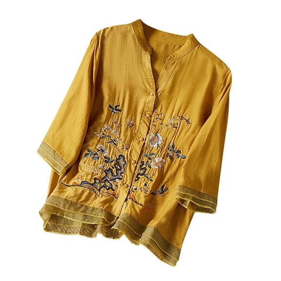 GZWYHT Cotton Linen Shirts For Women,Beach Vacation Clothes for Women peasant blouses for women Plus Size Tops V-Neck Dressy Casual Solid Color Spring Tops Tunic Tops Yellow L