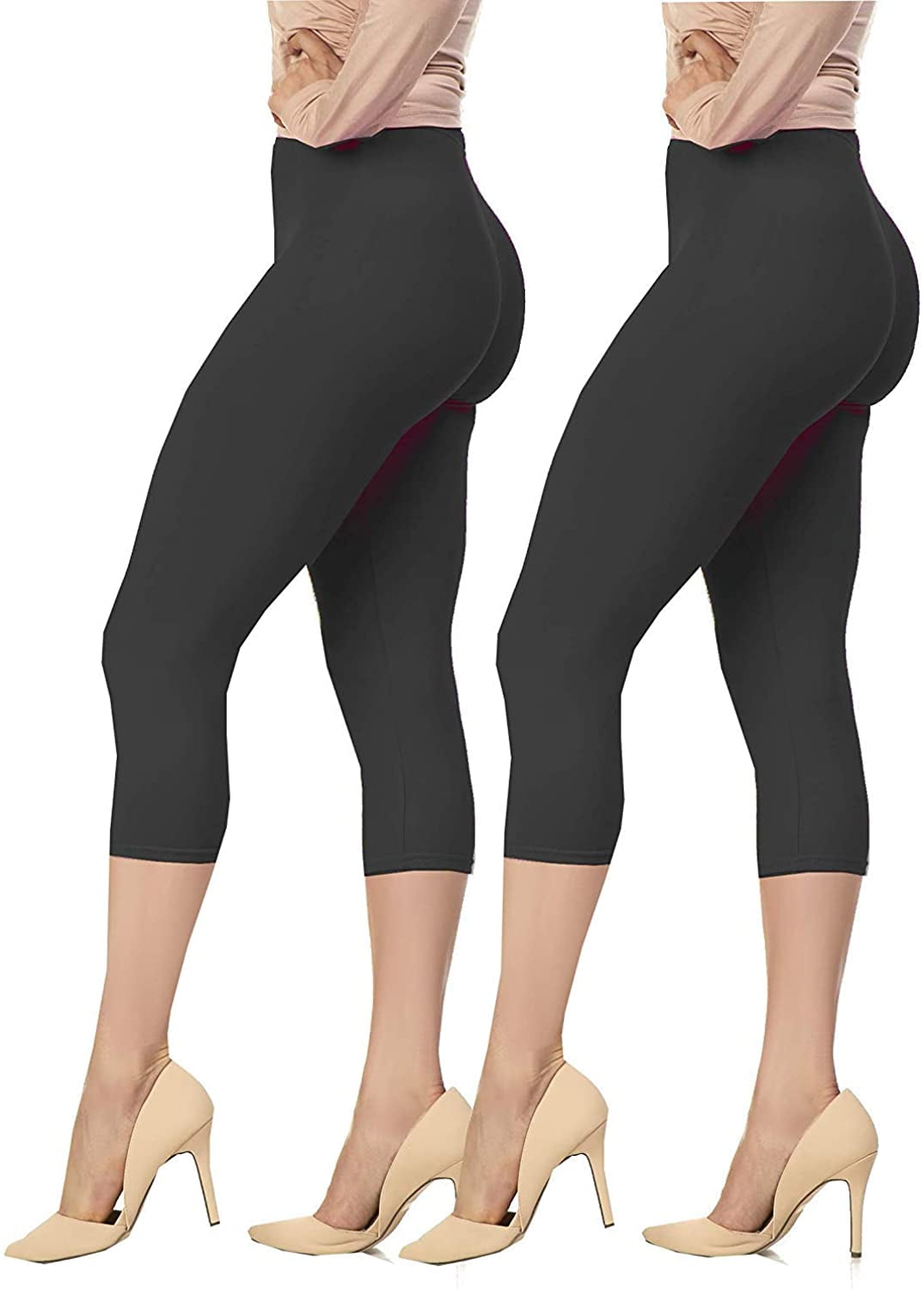 CTHH 2 Pack Leggings for Women Tummy Control-High Waisted Non See Through  Capri Black Soft Workout Yoga Pants