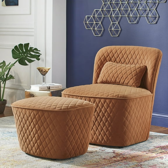 Weston Home Milner Quilted Diamond Fabric Accent Chair with Ottoman, Orange