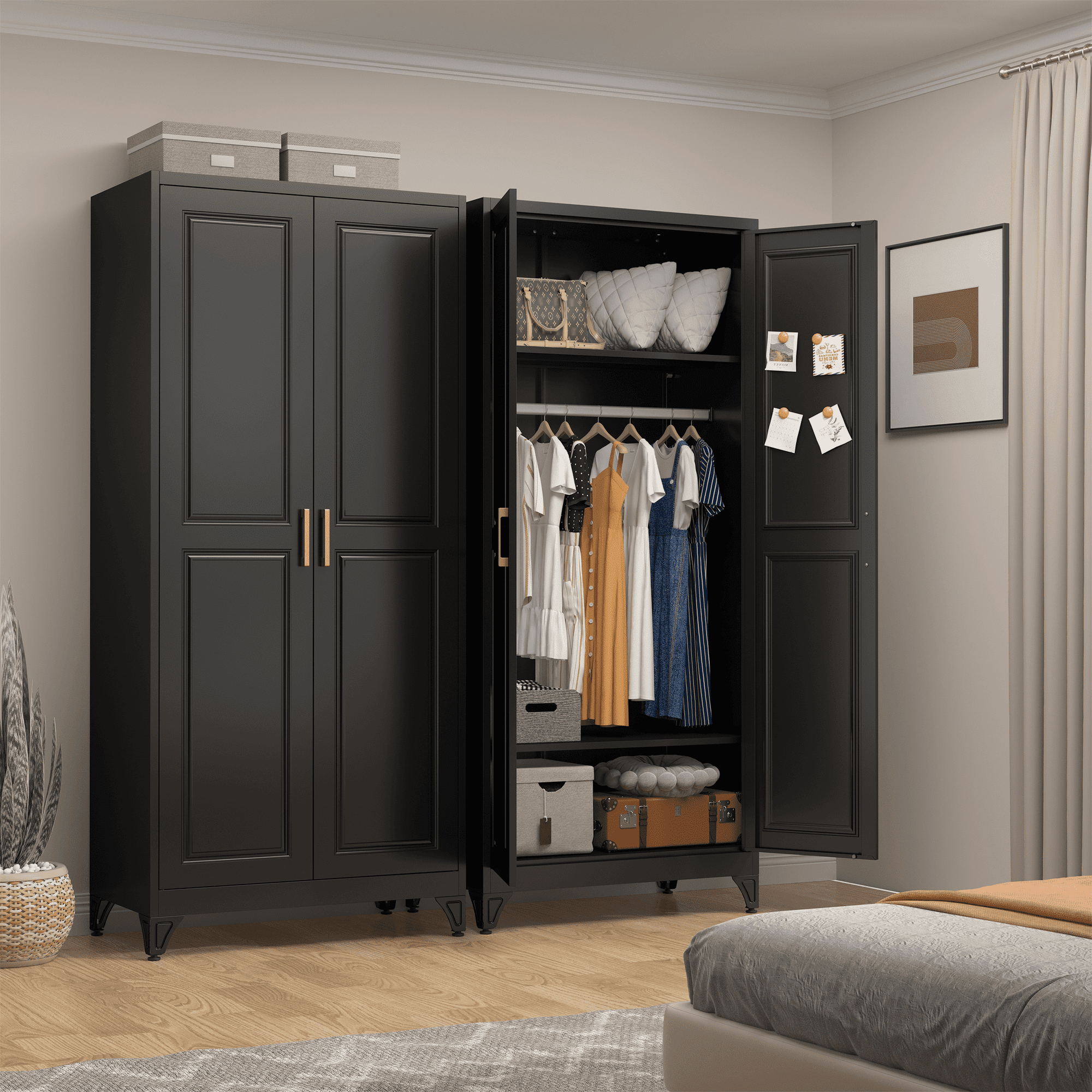 SteeLoong Adult Modern Steel Armoire,Wardrobe Storage Closet with 2 Doors and Shelves,Black Clothes Storage Cabinet with Hanging Rod
