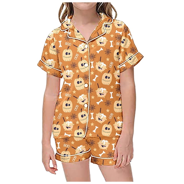 Kcodviy Ensemble 2 Pcs Pyjamas Petites Filles Ensemble pour Enfants Enfants Pyjamas Graphiques Filles Manches Courtes Imprimé Manches Courtes à Boutons Citrouille Pyjamas Tout-Petits Chandail Shorts Ensemble de Pyjama