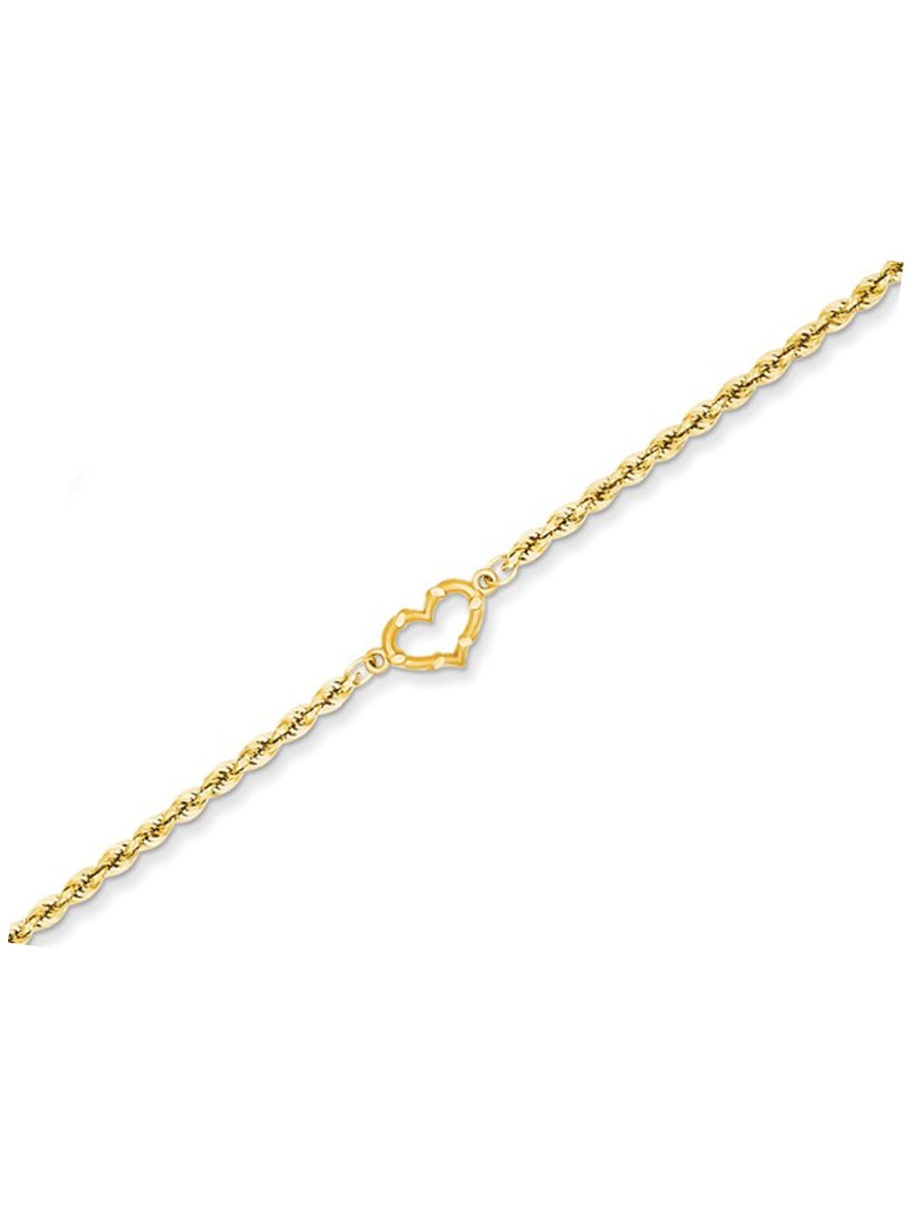 Diamond Cut Rope Chain Anklet with Heart in 14K Yellow Gold 10 Inches