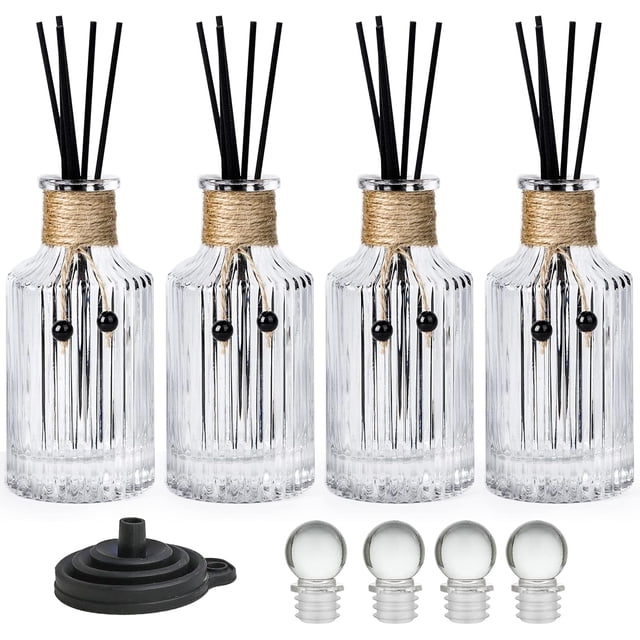 Reed Diffuser Bottle Glass Diffuser Bottles 8oz/250ml Set of 4 Empty Essential Oil Glass Diffuser Bottles with Stoppers and Reed Sticks Clear Decorative Bottle Set Bulk Reusable Perfume Jar