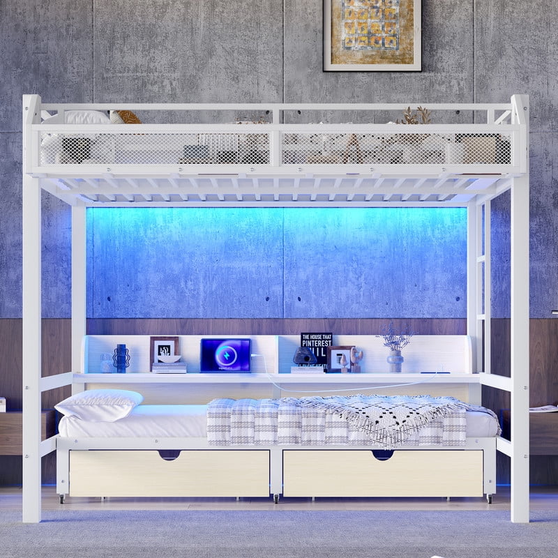 Queen-Over-Queen Metal Kids/Teens Bunk Bed with Basket, Drawers & Shelves, Storage Bed Frame with Charge Station & LED Lights