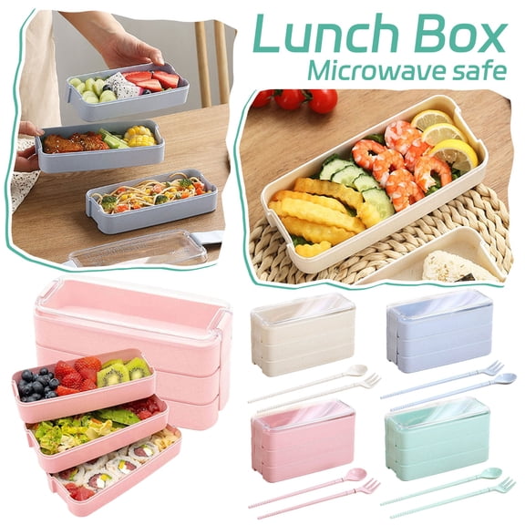 Stackable Bento Lunch Box Kit 3-In-1 Compartment Wheat Straw Lunch Containers with Spoon and Fork Reusable On-the-Go Meal and Snack Containers Pink