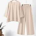 thumbnail image 4 of Women Casual Solid Round Neck Long Sleeve Splice Shirt Blouse Elastic Waist Pant Set Suits Outfit for Party Women Tuxedo Women Tan Linen Pants Women Formal Dresses with Pants Work Skirt Suits Women, 4 of 4
