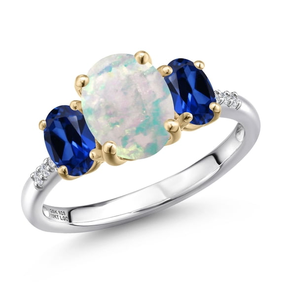 925 Silver and 10K Yellow Gold Simulated White Opal and Blue Created Sapphire and Lab Grown Diamond Engagement Ring for Women | 2.26 Cttw | Oval Cabochon 9X7MM | October Birthstone | Size 6