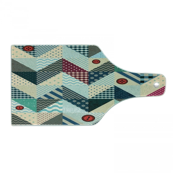 Chevron Cutting Board, Chevron Patchwork with Vintage Line and Retro Button Forms, Decorative Tempered Glass Cutting and Serving Board, Wine Bottle Shape, Multicolor, by Ambesonne