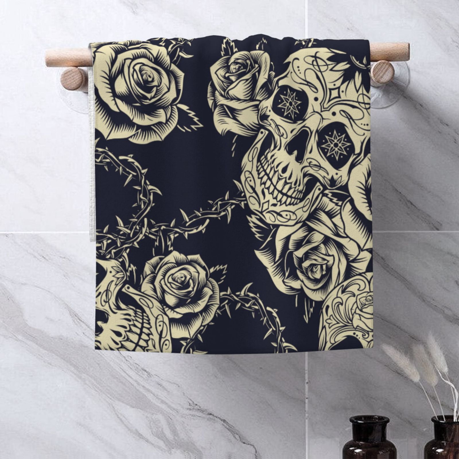 Black Skull Roses Cool 27.5" x 16" Ultra Soft Hand Towel, Face Wash Cloth for Bathroom, Gym, Travel, Pool
