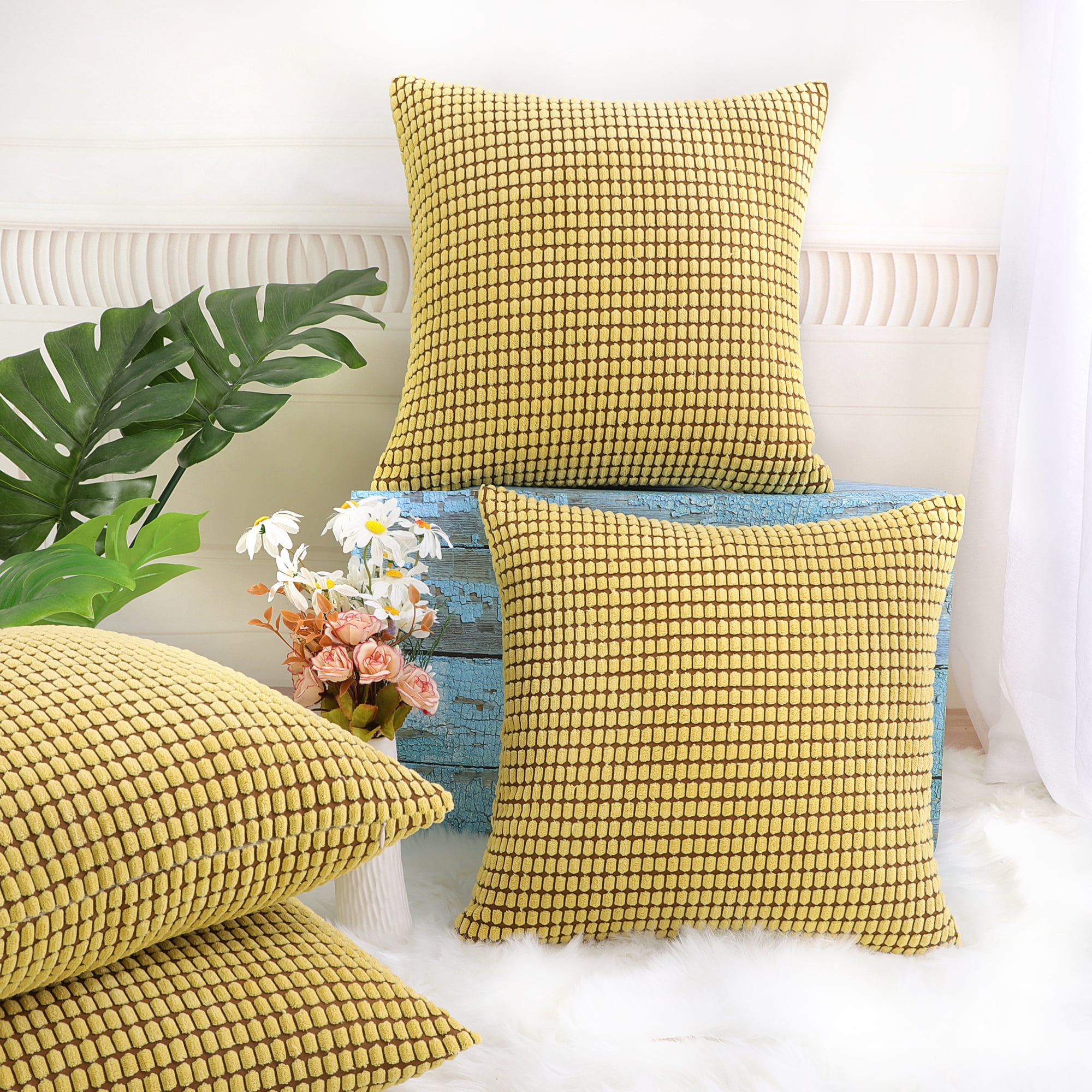 Unique Bargains 4-Pack Decoratiove Throw Cushion Pillow Covers Yellow 18" x 18"