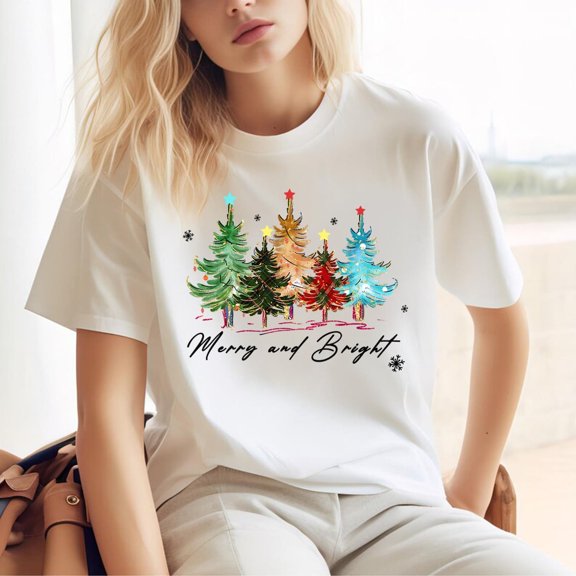 Merry and Bright Christmas Tree Womens Holiday Shirt Cute Winter Chic Xmas Gift Tee Top,White Color,Size L