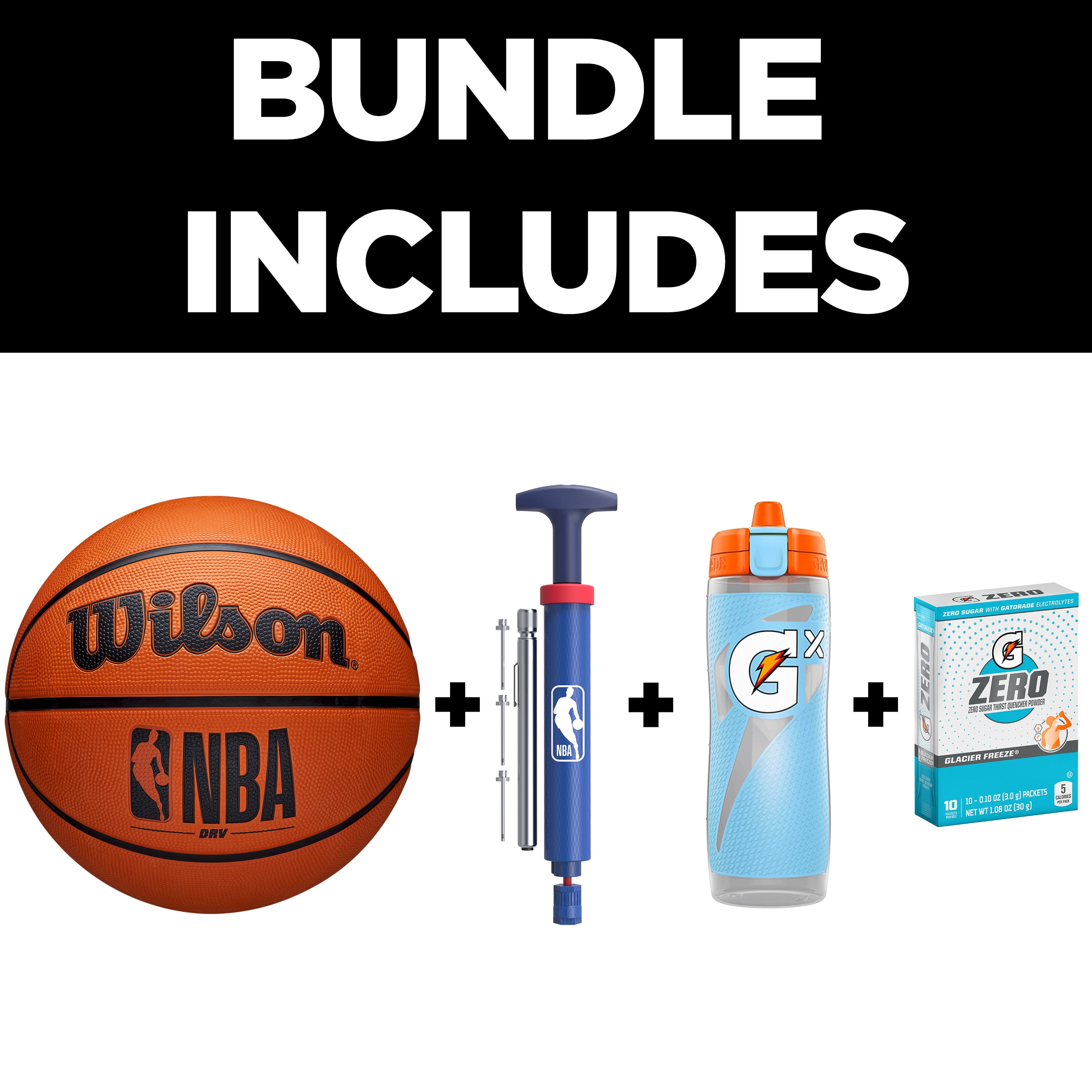 Wilson x Gatorade Youth Basketball Starter Kit - Includes Wilson NBA DRV Size 5 Outdoor Basketball, Ball Pump, Gatorade Gx Water Bottle, and Zero Sugar Electrolyte Powder