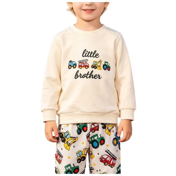 KEXE Clothes For Boys Toddler Big Little Brother Construction Truck Print Crew Sweatshirt Vehicle Jogger Pants Set(6-9 Months,White)