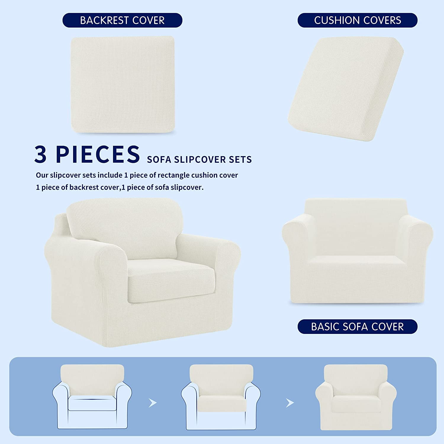 Subrtex Sofa Slipcover Sets 3 Pieces Stretch Couch Cover Backrest Cushion Covers (Armchair, White)