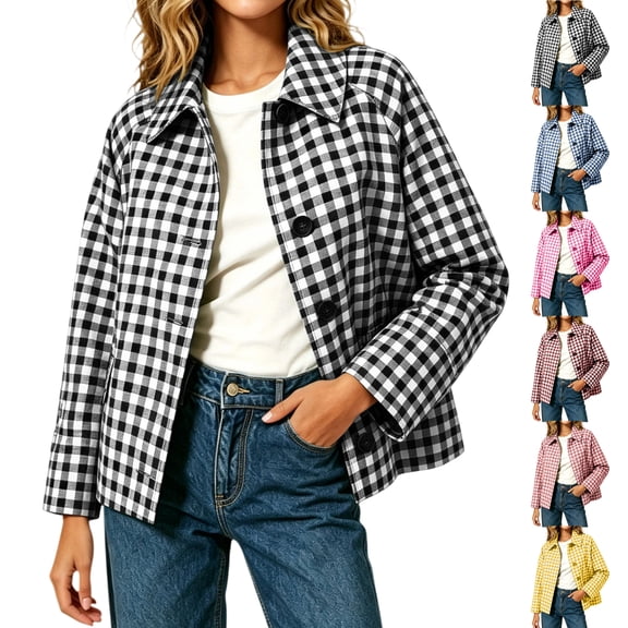 Tawop Womens Jackets Plaid Long Sleeve Button Down Clothing Lapel Collar Short Ladies Coats Casual Fall Trendy Tops
