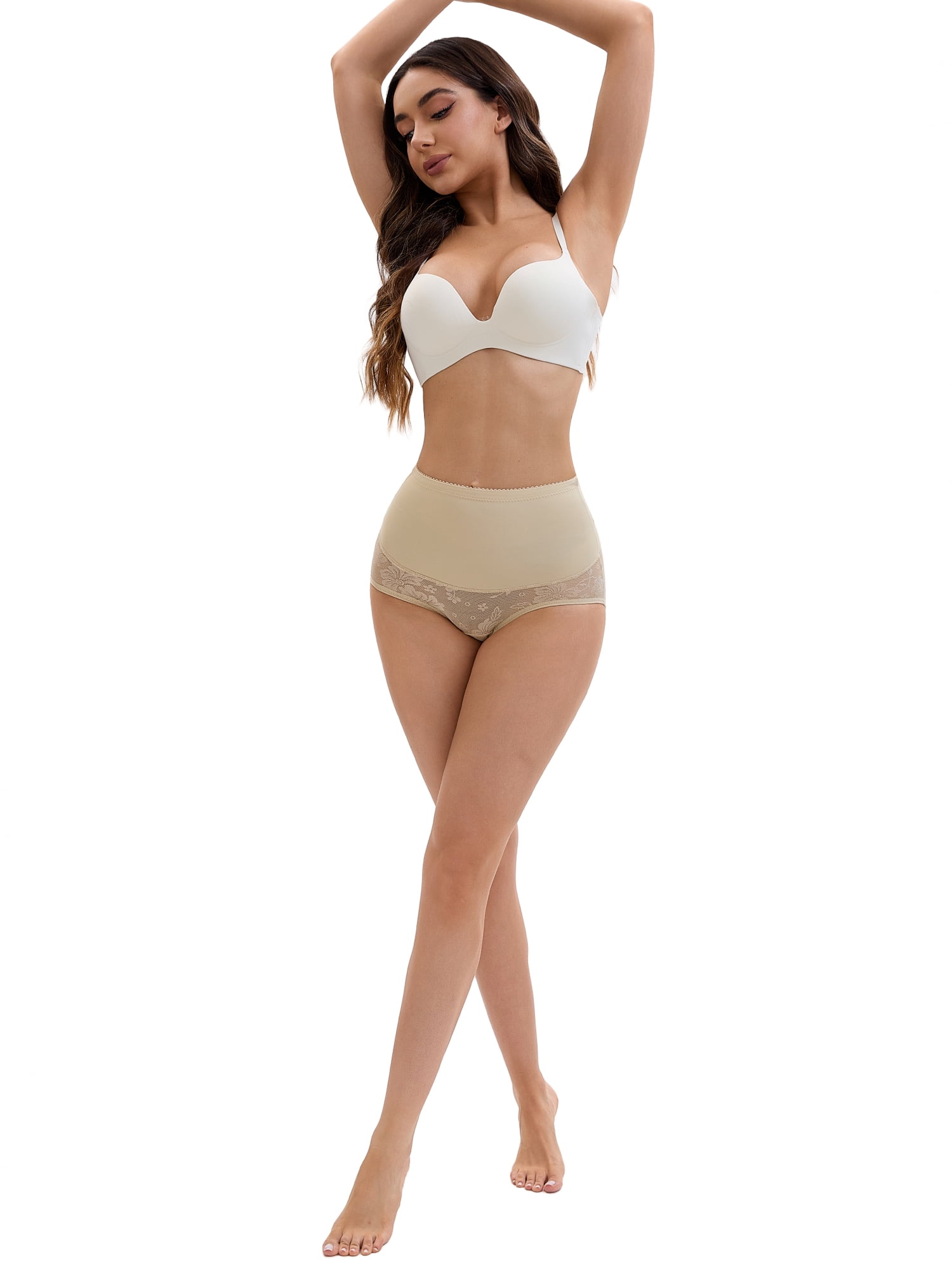 Unique Bargains High Waisted Slimming Lace Briefs L Beige
