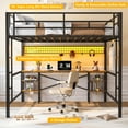 thumbnail image 3 of Loft Bed Twin Size with Desk, UHOMEPRO Metal Loft Bed with 4 Storage Shelves, Power Outlet, LED Lights, DIY Mesh, Clothes Rail, Safety Guardrail and 2 Ladders, Loft Bed for Teen Adult, Black, 3 of 14