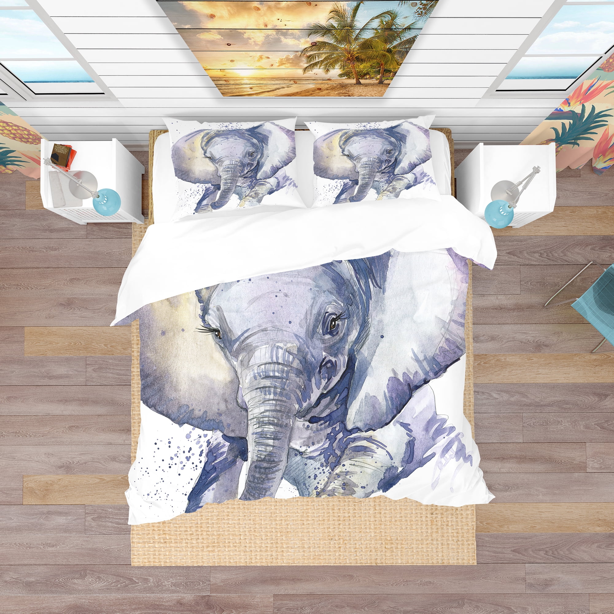 Designart 'Baby Elephant Blue Watercolor' Tropical Duvet Cover Set