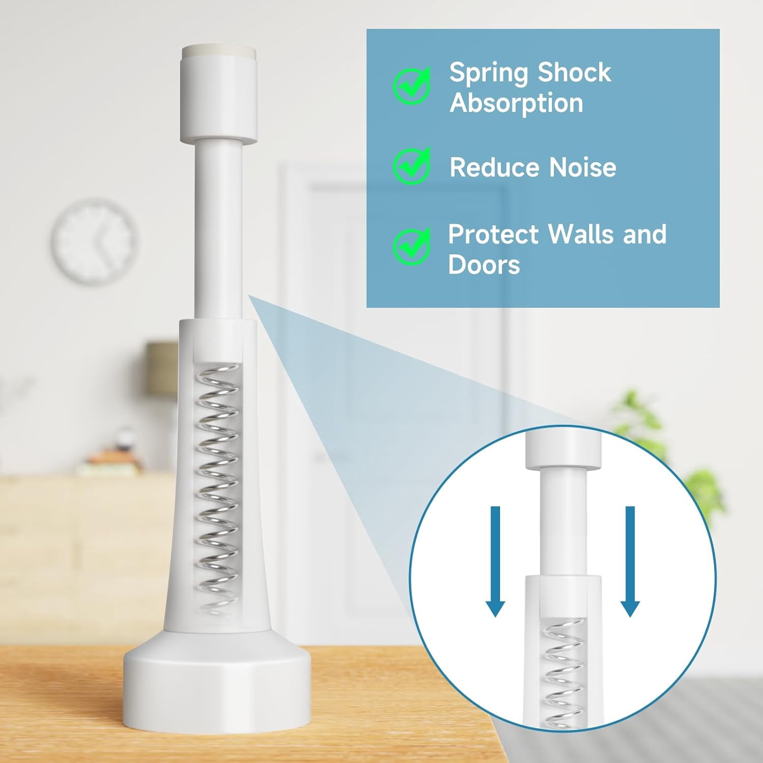 JJEAN-2PCS Spring Door Stoppers for Wall - 4.33 Inch Door Stop for Bottom of Door, Aluminum Doorstopper with Silicone Tip, Screw & Adhesive Installation, White