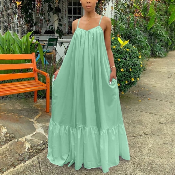 Blmnix Flowy Dresses Woman Dress Slip Dress for Curvy Under Dresses Square Neckline Green Sleeveless Long Wrinkle-Resistant Womens Spring Dresses,M