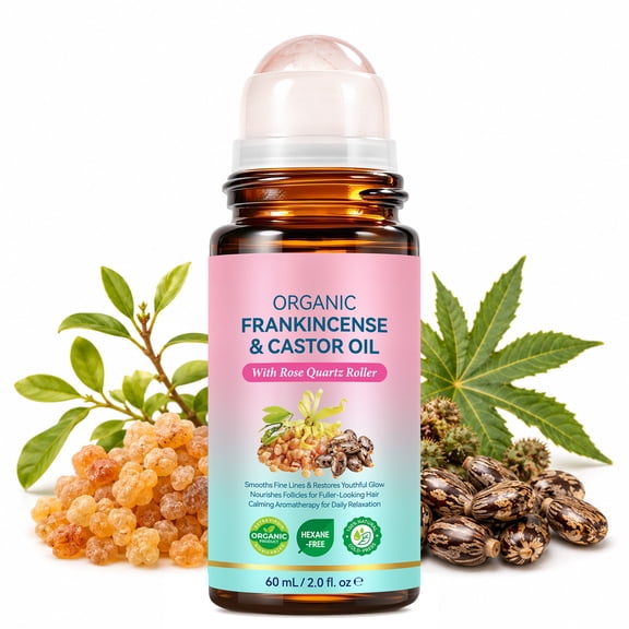 Frankincense & Castor Oil with Rose Quartz Roller, 100% Pure Cold-Pressed, Reduce Fine Lines, Glow & Hydration, 2 fl oz