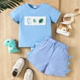 thumbnail image 2 of Boy Outfits Toddler Kids Boys Summer Short Sleeve Cartoon Dinosaur Prints Pullover Tops Striped Shorts Outfits Boys Shorts Blue 12 Months-18 Months, 2 of 7