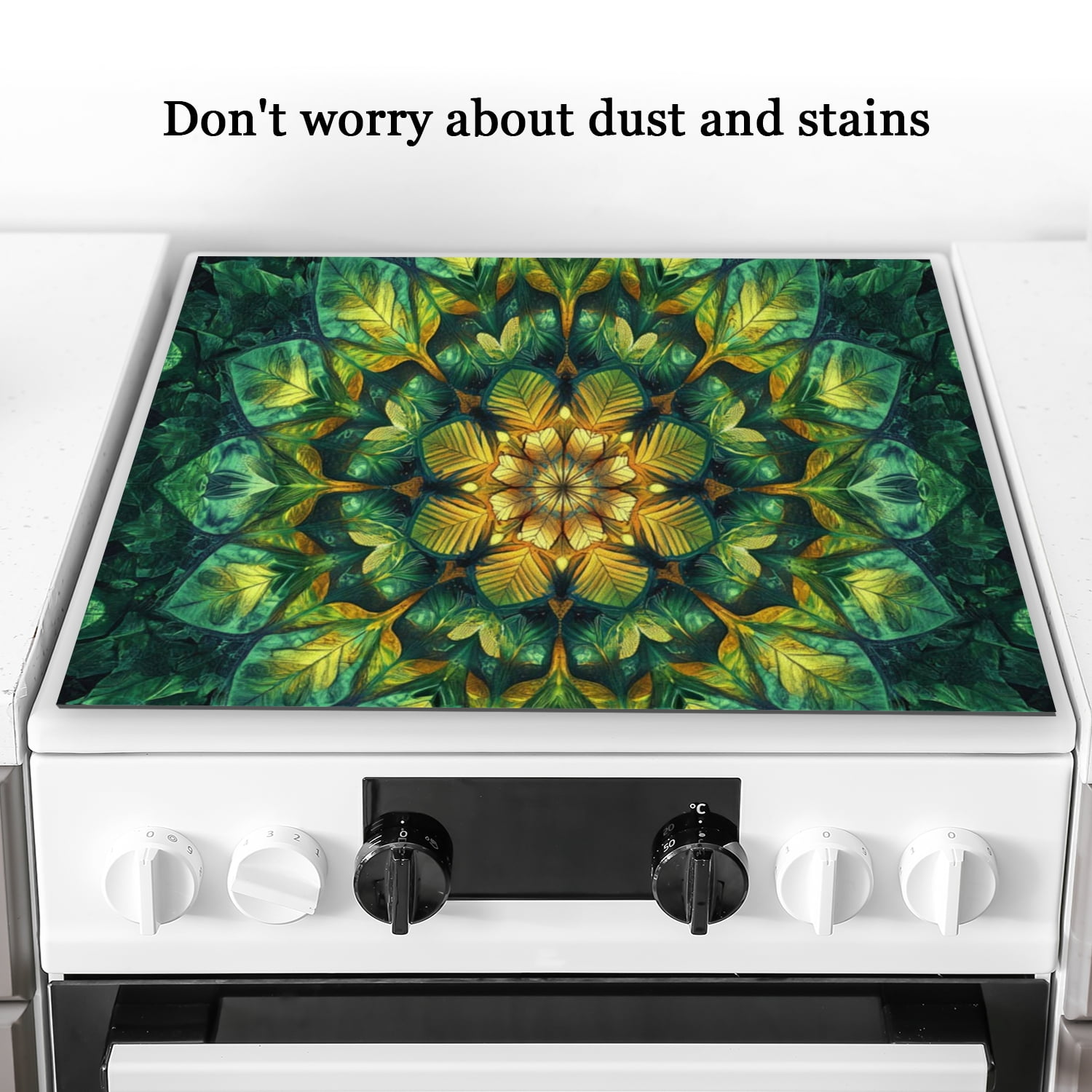 Stove Top Covers for Electric Stoves, Green Mandala with Leaves Non-Stick Kitchen Pad for Gas Stove Cooktop, Washable Countertop Protector Mat for Kitchen RV (28×20 Inch)