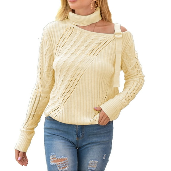 Women's Off Shoulder Metallic Trim Long Sleeve Pullover Sweater Halterneck Casual Knit Top for Spring Autumn