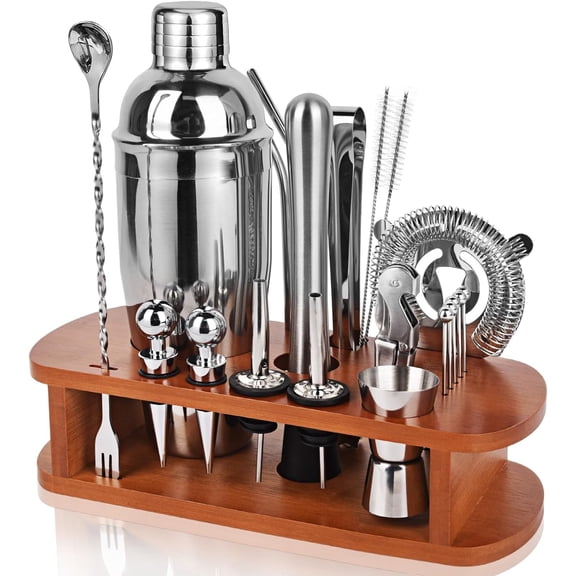 Cocktail Shaker Set with Stand - 25pcs Mixology Bartender Kit 25oz Professional Bar Tools Set Bar Accessories for Drink Mixing, Bartender Gifts for Home Bar, Parties