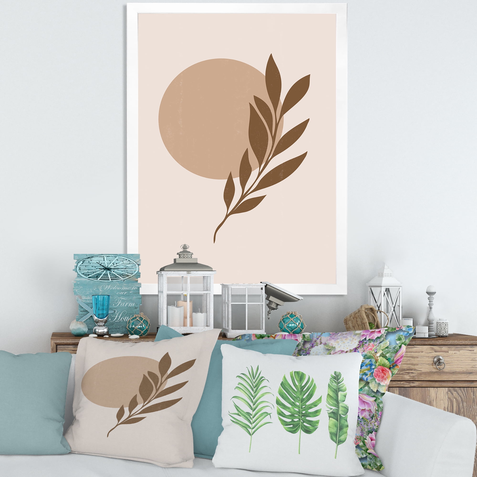 Designart 'Abstract Terracotta Moon and Sun With Tropical Leaf' Modern Framed Art Print