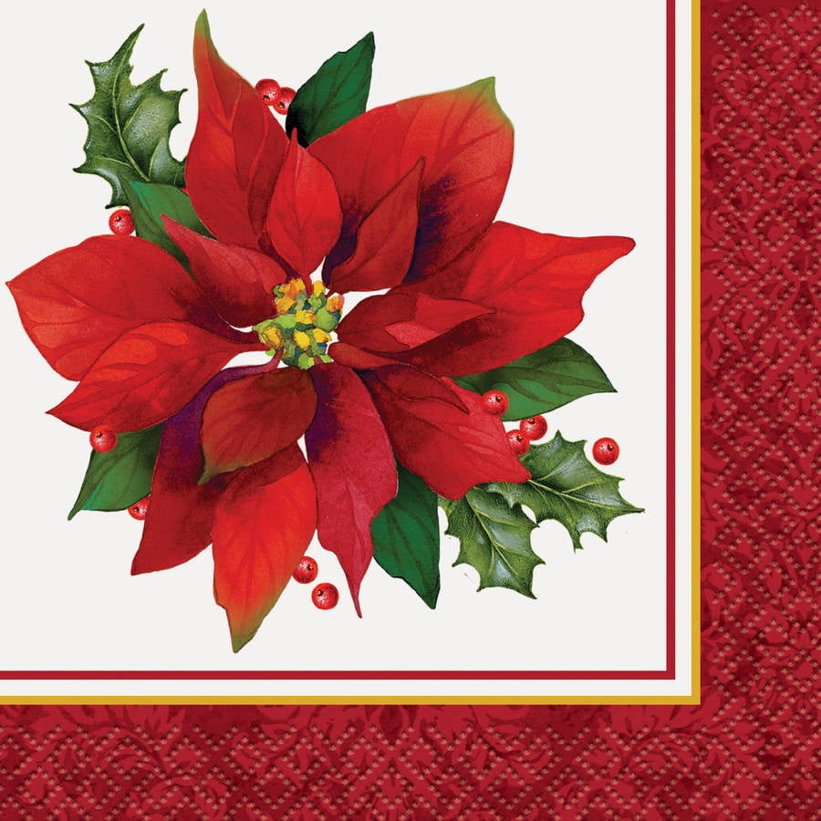 NOEL PINE HOLLY HOLIDAY CHRISTMAS PAPER COCKTAIL BEVERAGE NAPKINS POINSETTIA 