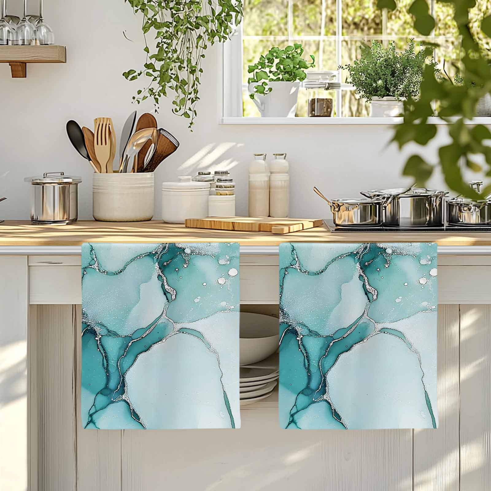 Marble Turquoise Kitchen Towels Set of 2, Abstract Nature Cracks Silver Wavy Absorbent Dish Towels for Kitchen, Microfiber Hand Towel, Quick Drying Tea Towel for Cleaning Decorative Dishcloths