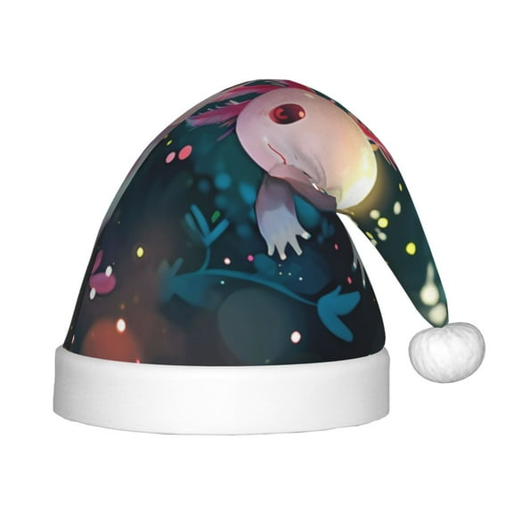 Fuzoiu Whimsical Axolotl Fantasy Print Santa Hat Christmas Hat for kids,Santa Hats with Pompom, Unisex Xmas Holiday Hat for Christmas New Year Festive Party Supplies