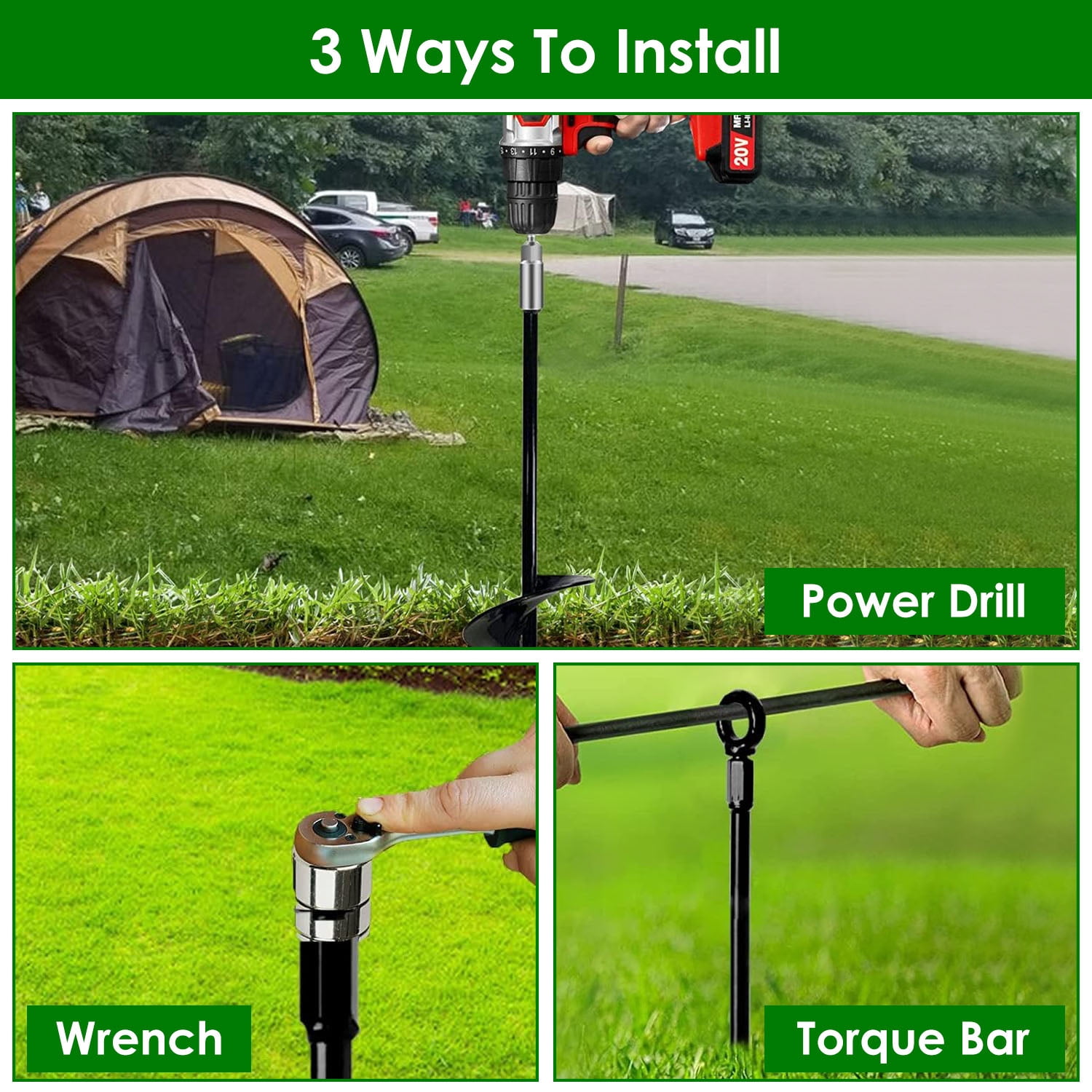 iMounTEK 18 inch 4 Pack Long Earth Ground Anchor Screw, 2.76in Width Heavy Duty Ground Auger Stakes for Farm Vegetable Flower Planting, Tents, Canopies, Black