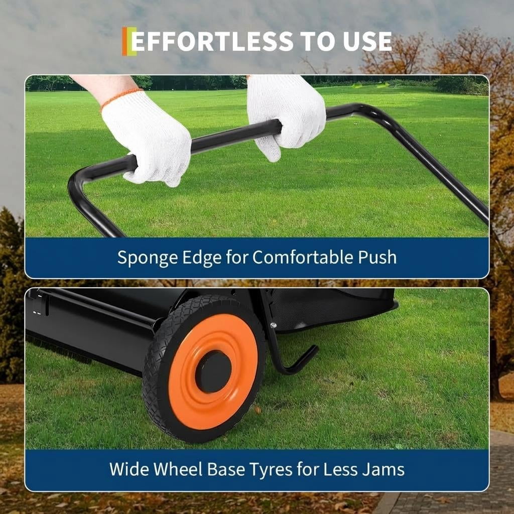 AIKKYS 26 Inch Heavy Duty Push Lawn Sweeper with 4 Spinning Brushes,Steel Frame 7 Cu. Ft. Leaf & Grass Collector,Adjustable Height,Black-Orangre Wheels