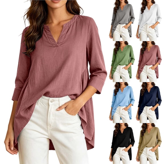 Qzwdhjm Womens 3/4 Sleeve Tops Stand V Neck Linen Top with Asymmetric Hem Side Pleated Loose Casual Shirts for Summer Going Out