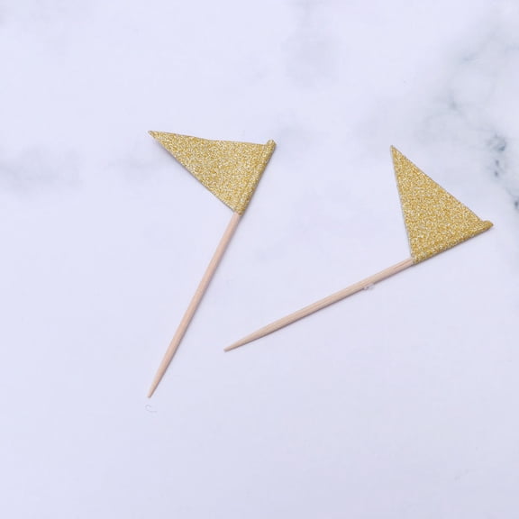 OUNONA 15Pcs Small Triangle Flag Cake Toppers Golden Paper Glitter Insert for Party Dessert Decor
