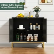 Eumyviv Modern Accent Sideboards Cabinets with 2 Rattan Doors, Mid-Century Buffets Storage Credenzas for Bedroom Living Room, Black H0046