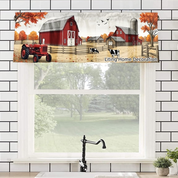 Rod Pocket Polyester kitchen Curtain Valances for Windows Farm Scene Red Barn Tractor Cows Autumn Landscape For Indoor Living Room Bedroom Kitchen Decoration 54x18 inch