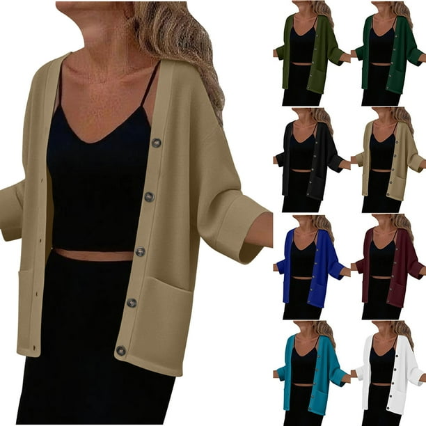 Ropa para mujer,Cárdigan de manga larga para mujer, blusa con cuello abotonado y bolsillos, poliéster suave, ropa informal para el hogar, sopatenor