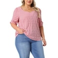 thumbnail image 4 of Blusas de verano casuales de mujer Agnes Orinda en talla grande, con textura plisada, cuello en V con muesca y mangas cortas con volantes, 3X, color rosa, 4 of 6