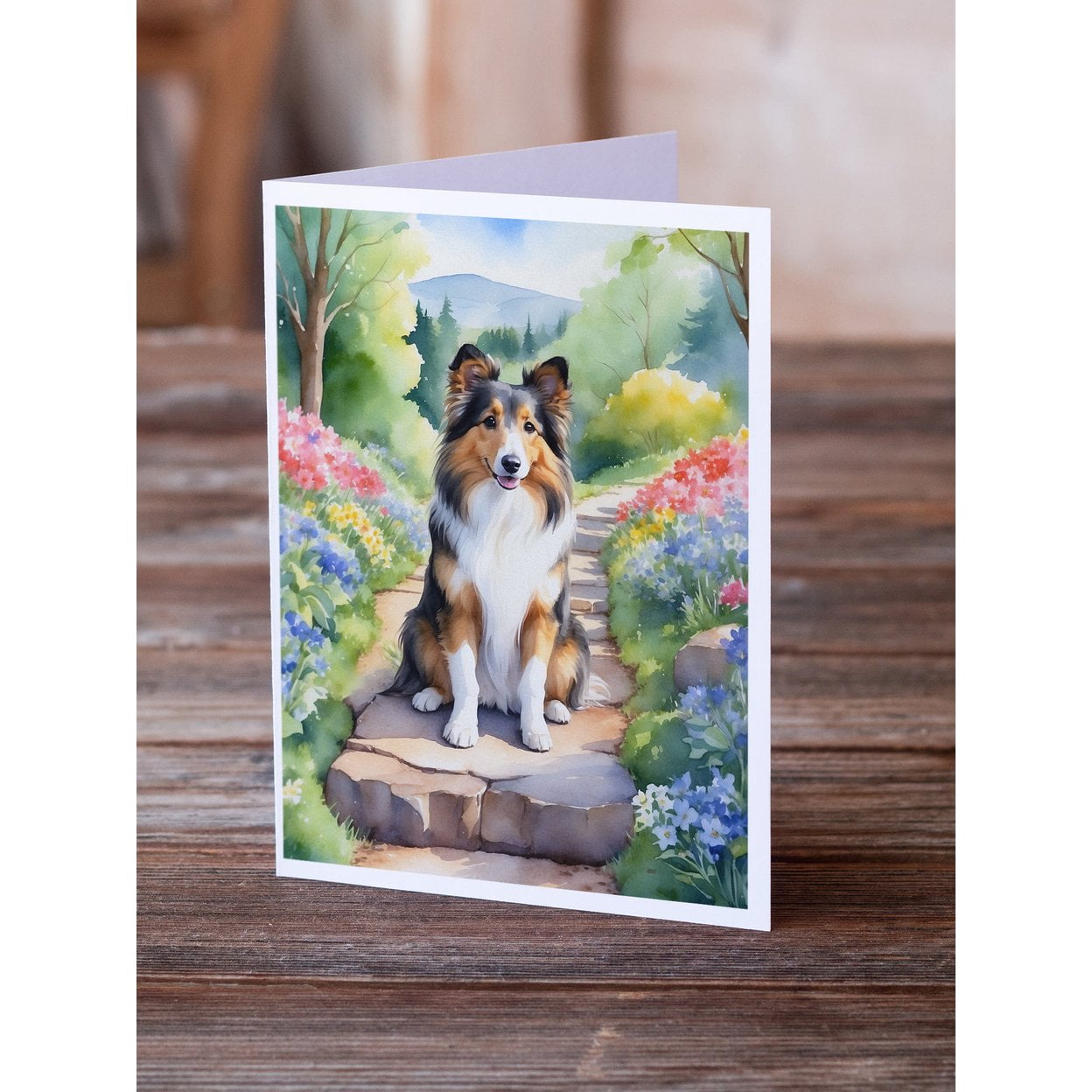 Sheltie Spring Path Greeting Cards Pack of 8 7 in x 5 in