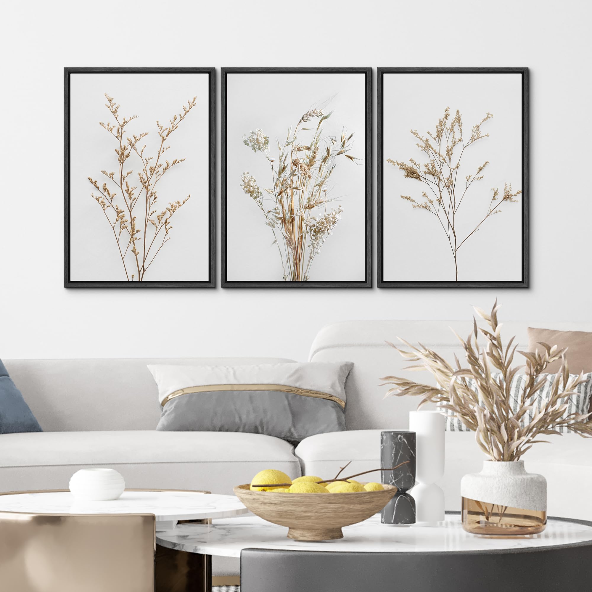 IDEA4WALL Framed Canvas Print Wall Art Set of 3 Wildflower Floral Botanical Prints, Modern Farmhouse Flowers Wall Decor, Large Wall Art, Minimalist Artwork for Home Decor - Black 16"x24"x3
