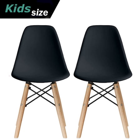 2xhome Set Of 2 Black Kids Size Plastic Side Chair Black Seat Natural Wood Wooden Legs Eiffel Childrens Room Chairs No Arm Arms Armless Molded - 