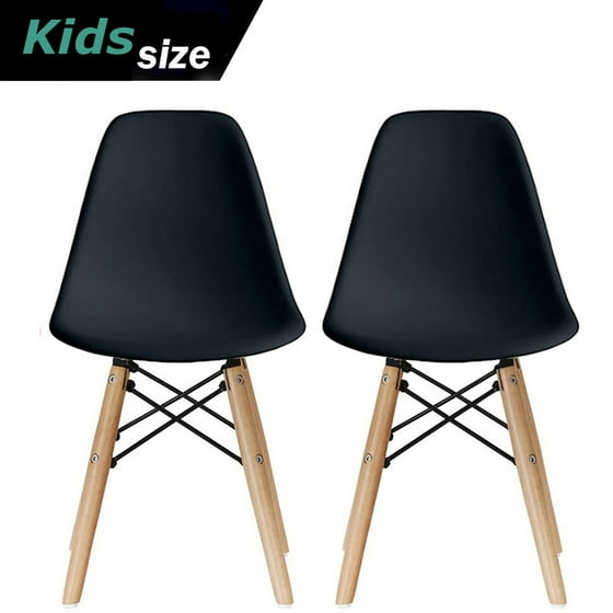 2xhome Set Of 2 Black Kids Size Plastic Side Chair Seat Natural Wood Wooden Legs Eiffel Childrens Room Chairs No Arm Arms Armless Molded
